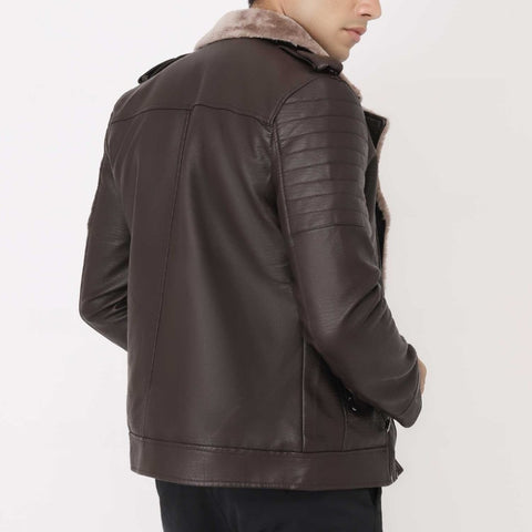 Shearling Leather Jacket For Men With Side Zip Closer