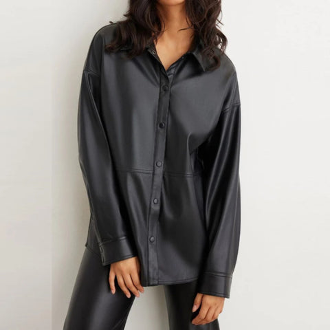 Pure Leather Shirt For Women In Black With Full Button Closer
