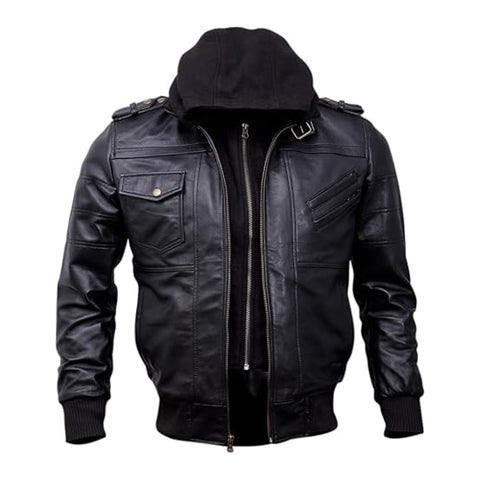 Hooded Leather Jacket For Men With Double Zip Closer