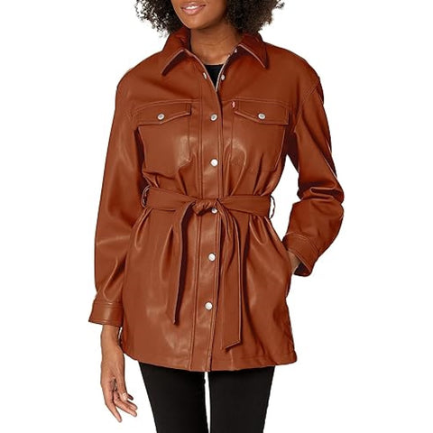 Brown Leather Shirt For Women With Full Zip And Hook&Loop Closer