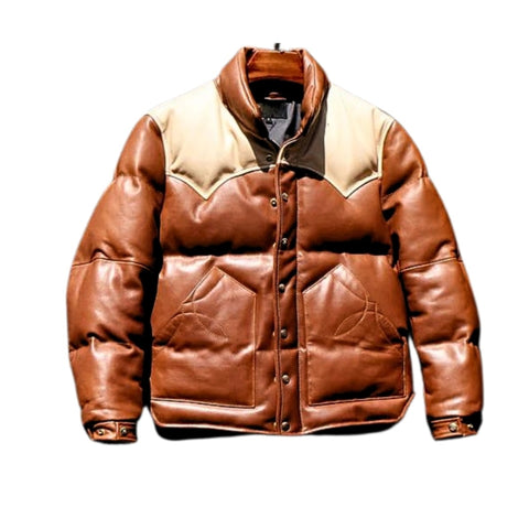 Puffer Style Leather Jacket For Men In Brown And Beige Color