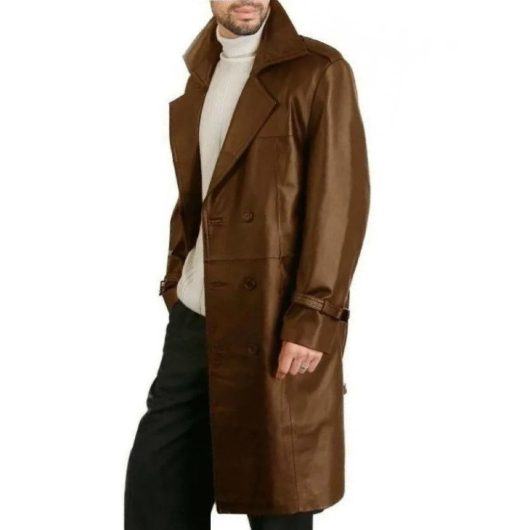 Mens Elegant Style Real Sheepskin Brown Long Leather Trench Coat