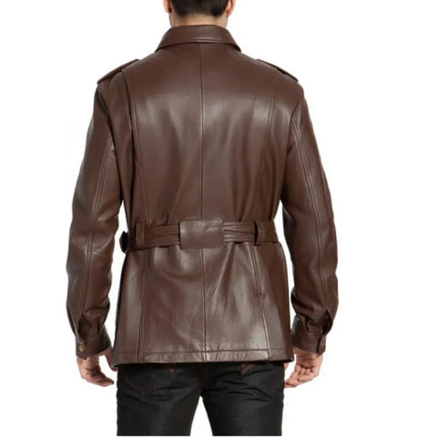 Mens regular fit brown lambskin leather trench coat
