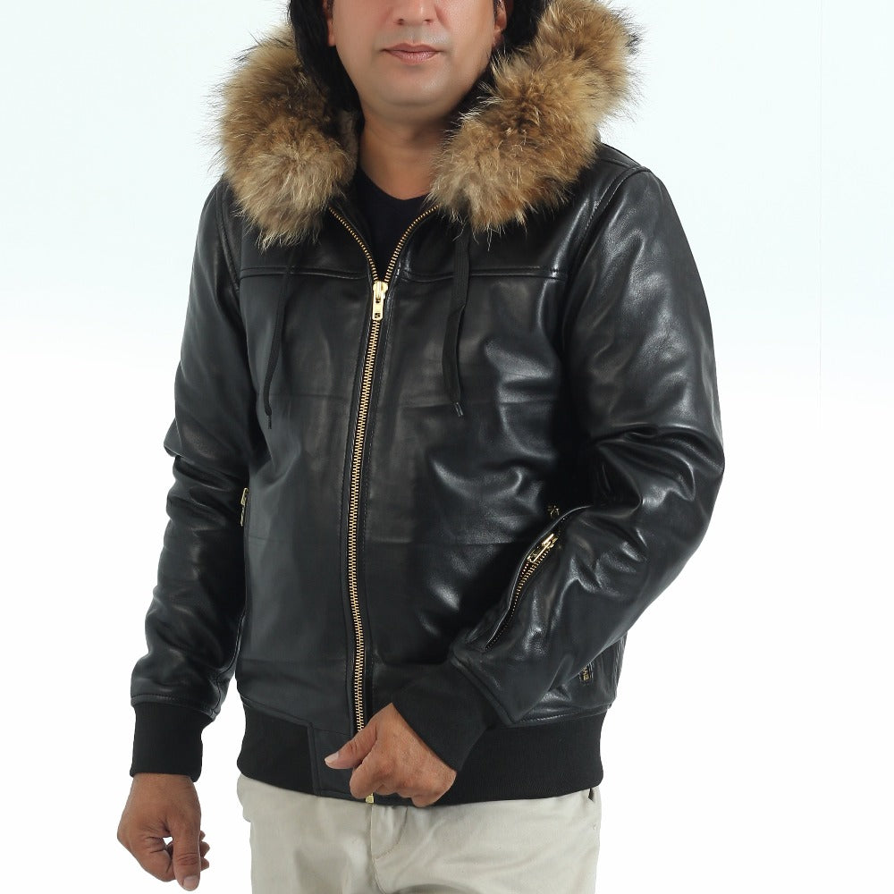 Buy Genuine Men leather bomber jackets with fur on the Hood