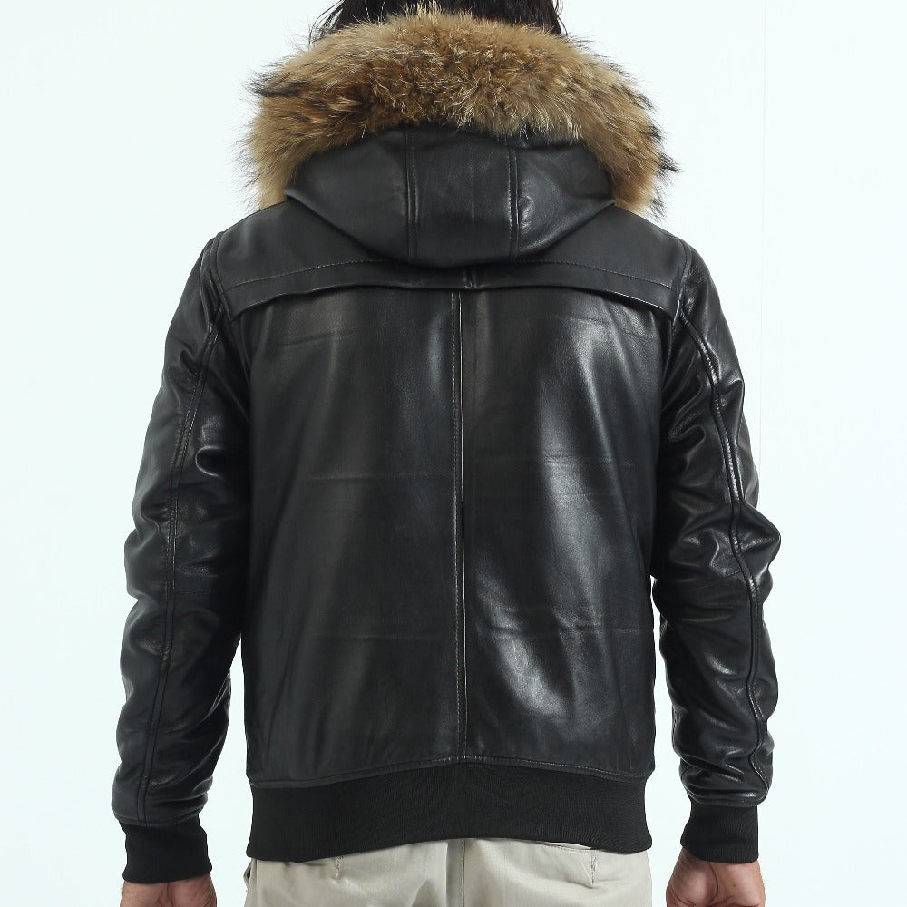 Buy Genuine Men leather bomber jackets with fur on the Hood