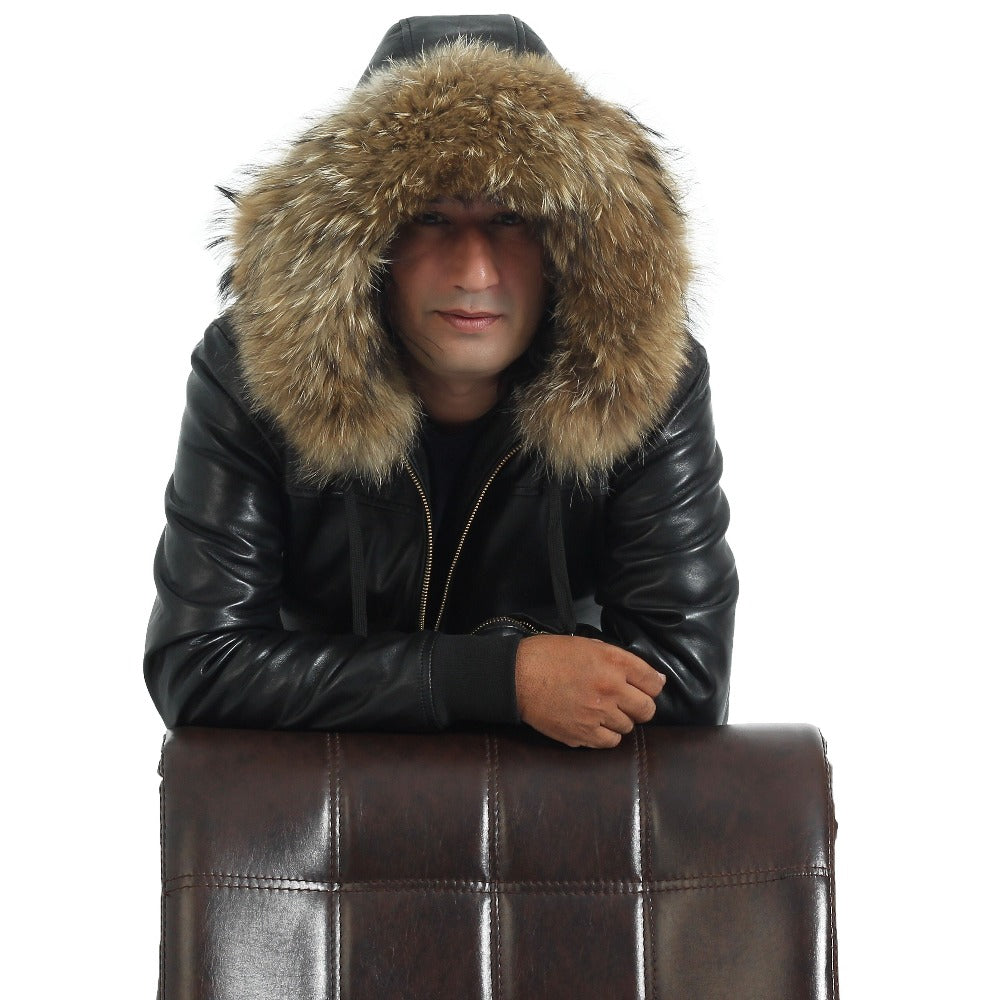 Leather bomber with fur on sale hood