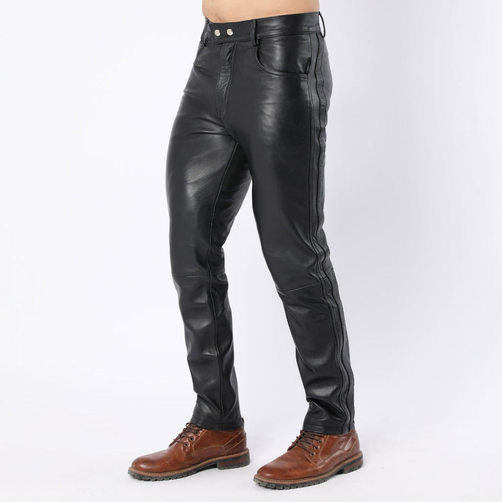 Men Black Sheep Leather Pants with Side Panel and Double Button