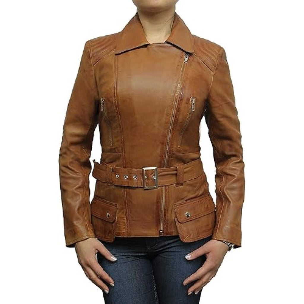 Leather  Jacket Women With Stylish Side Zip Closer And Belted Waist