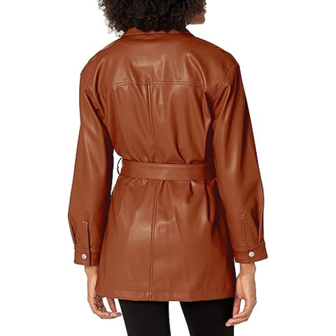 Brown Leather Shirt For Women With Full Zip And Hook&Loop Closer