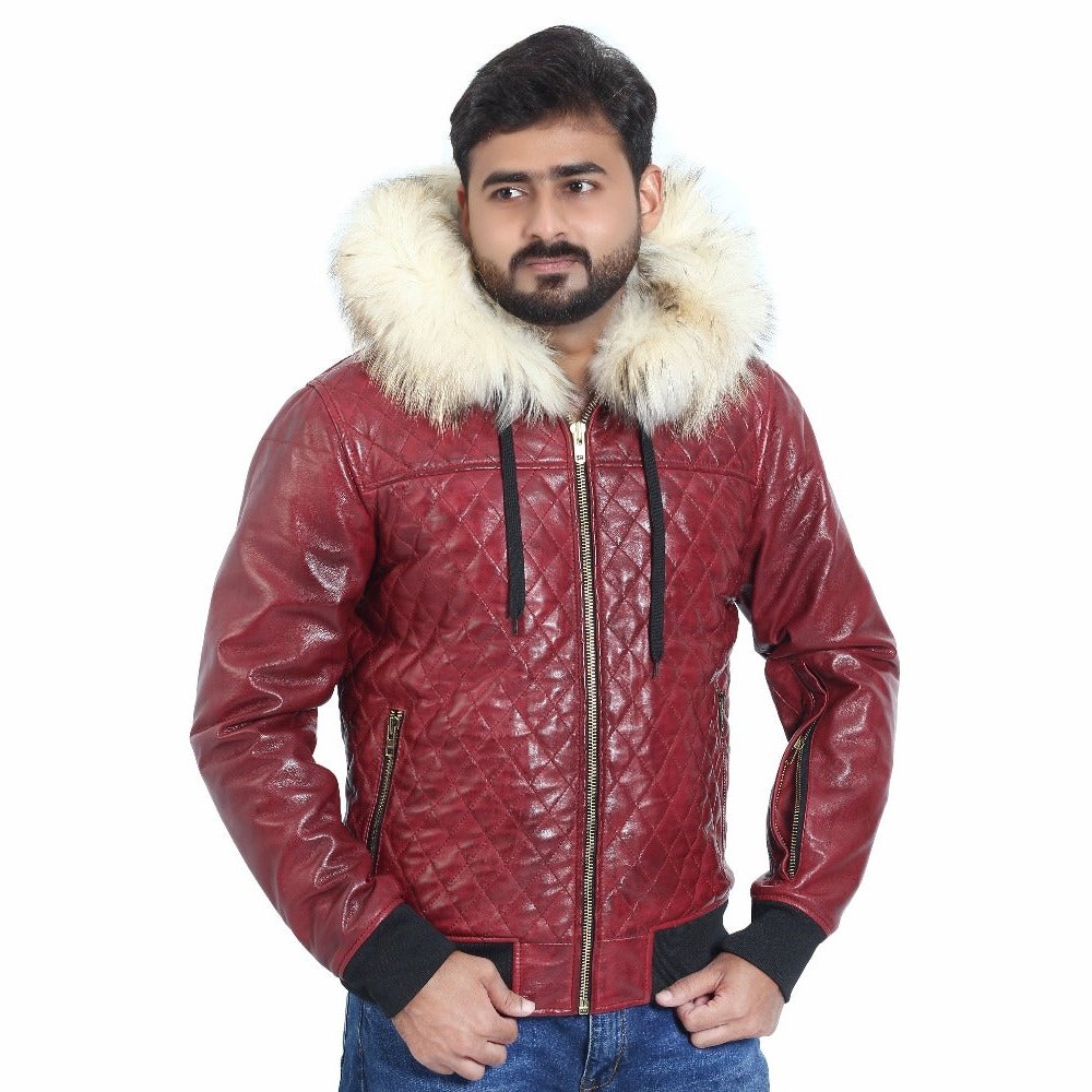 Winter Leather Jacket for Men with Fur on the Hood