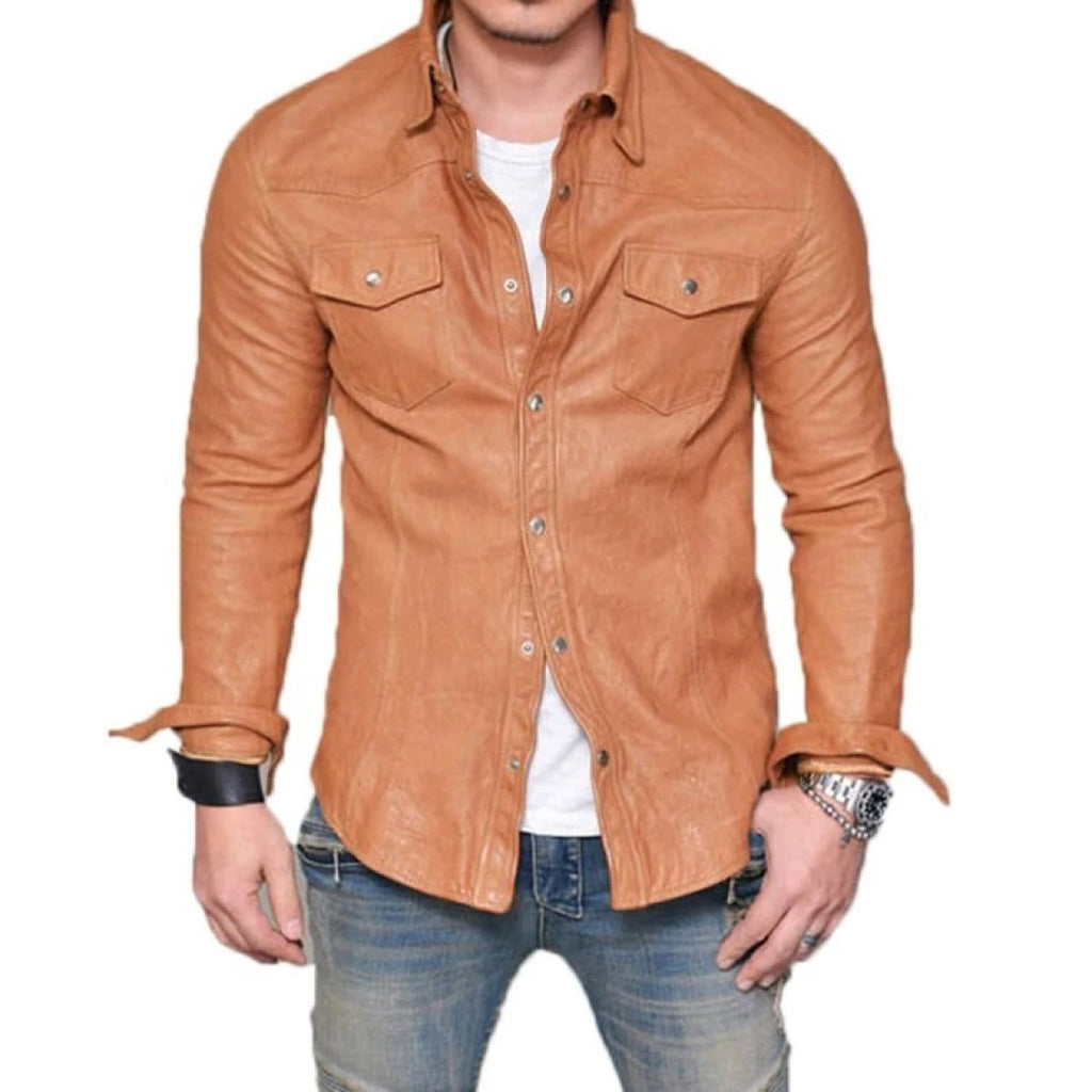 Leather Shirt For Men In Tan Color