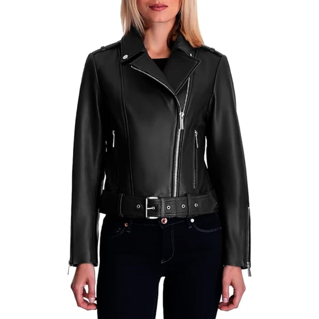 Leather Jacket For Women With Side Zip And Belted Closer