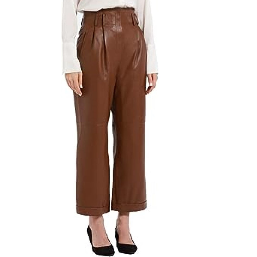 Leather Pants For women In Brown Color And Belted Waist