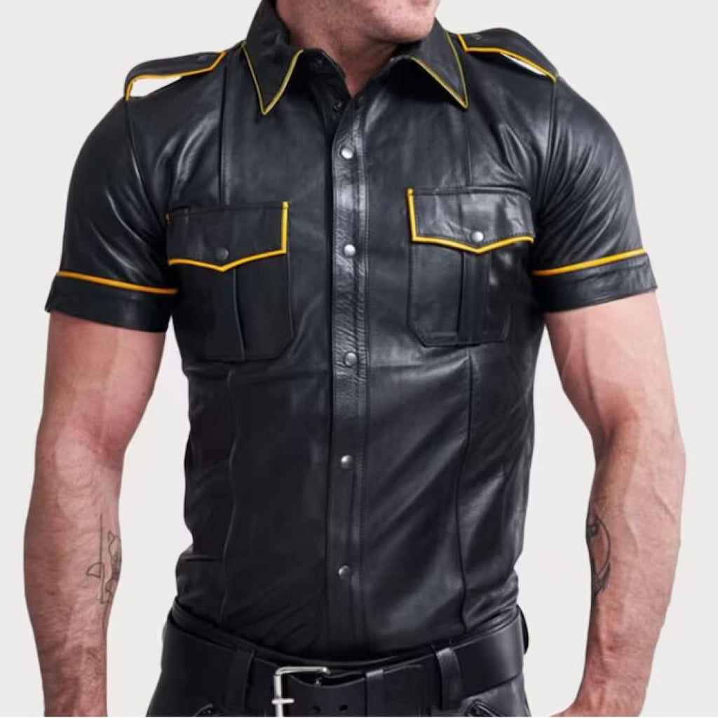 Police Style Leather Jacket With Yellow Linings