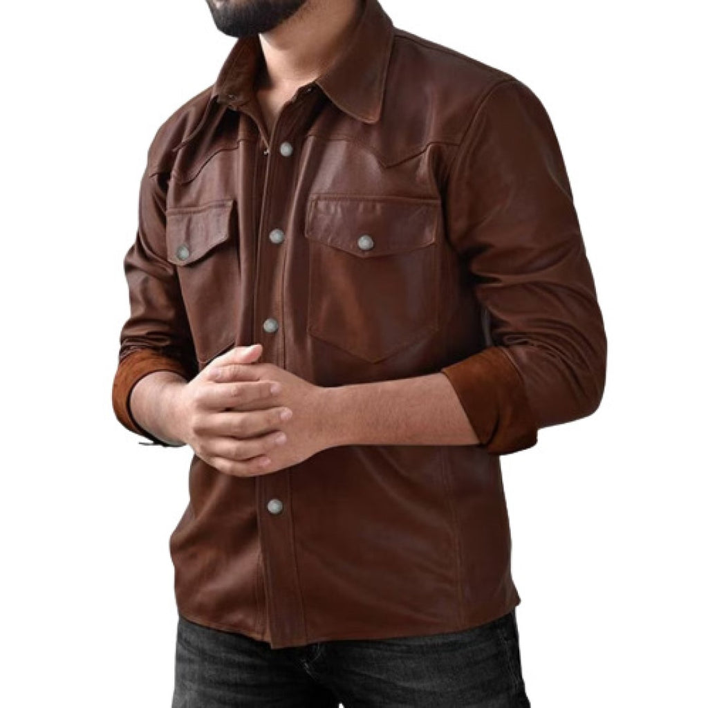 Classy Leather Shirt For Men In Brown Color