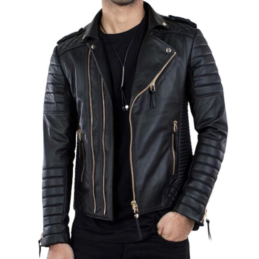 Men Black Leather Biker Jacket with Quilt Design