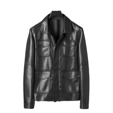 Men's Leather Jacket Slim Fit Turn down Collar