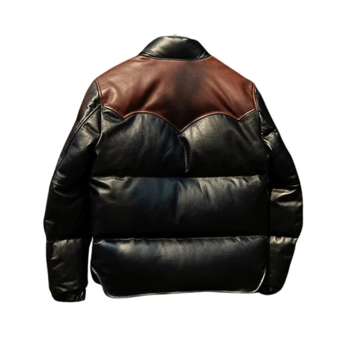 Puffer Style Leather Jacket For Men In Black And Brown Color