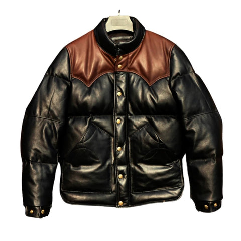 Puffer Style Leather Jacket For Men In Black And Brown Color