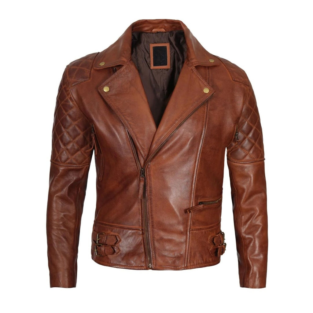 Unique Design Brown Biker Jacket For Men With Quilted Arm Design