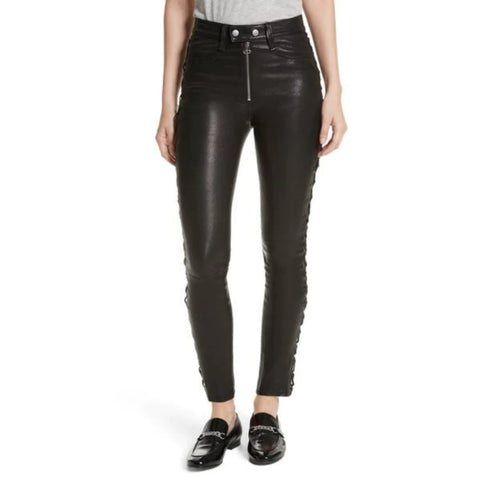 Leather Pants Women With Side Lace Design Slim Fit