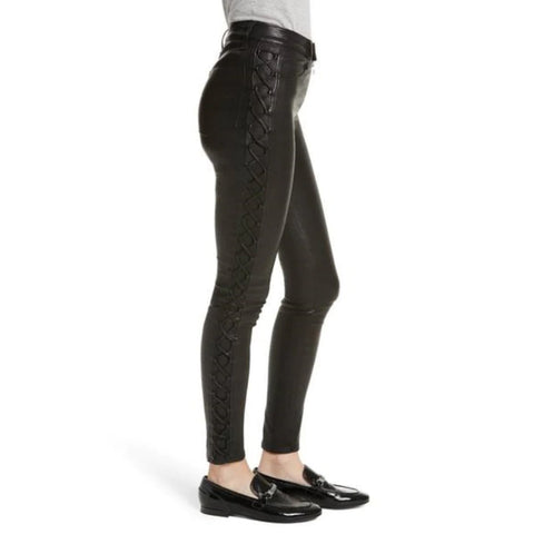 Leather Pants Women With Side Lace Design Slim Fit