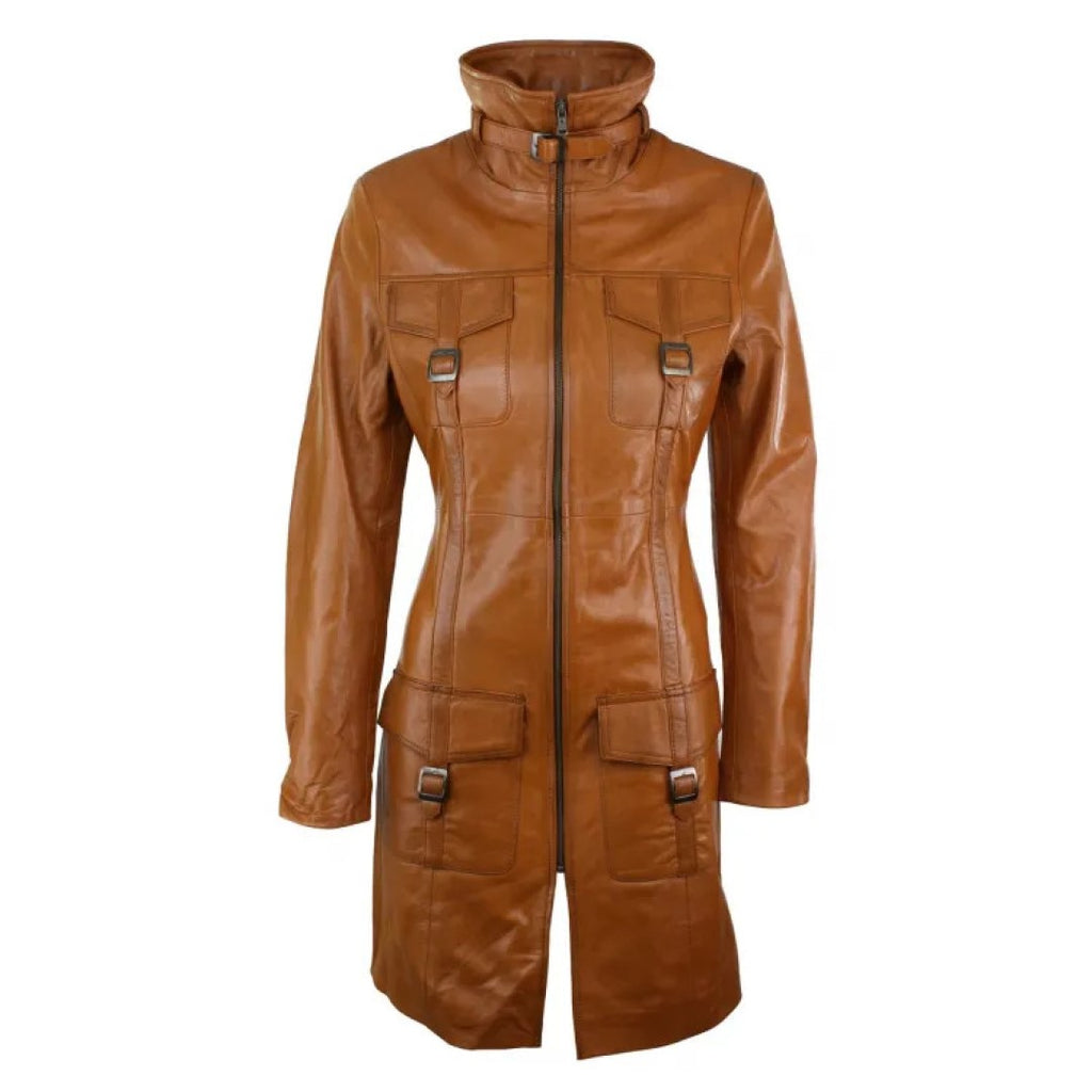 Tan Brown Real Leather Coat For Ladies