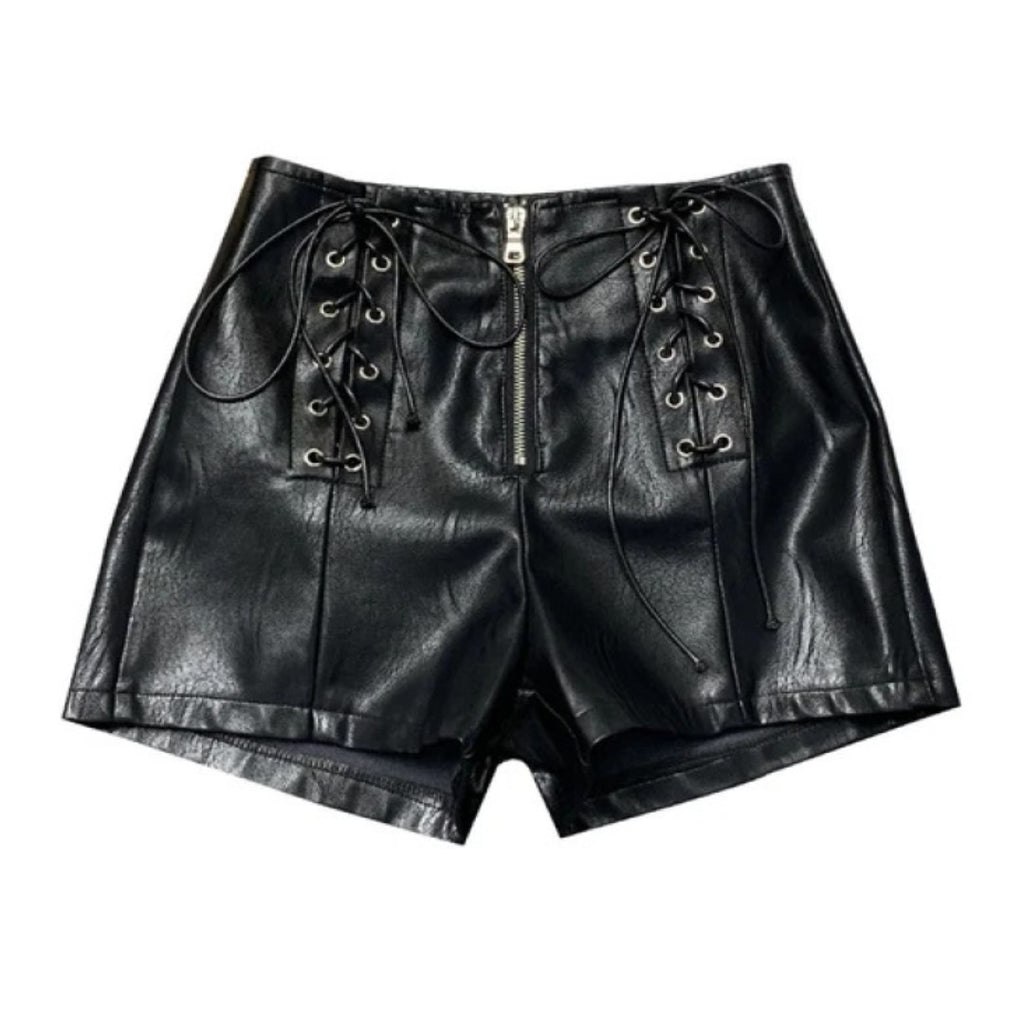 Women Leather Shorts With Unique Front Lace Design