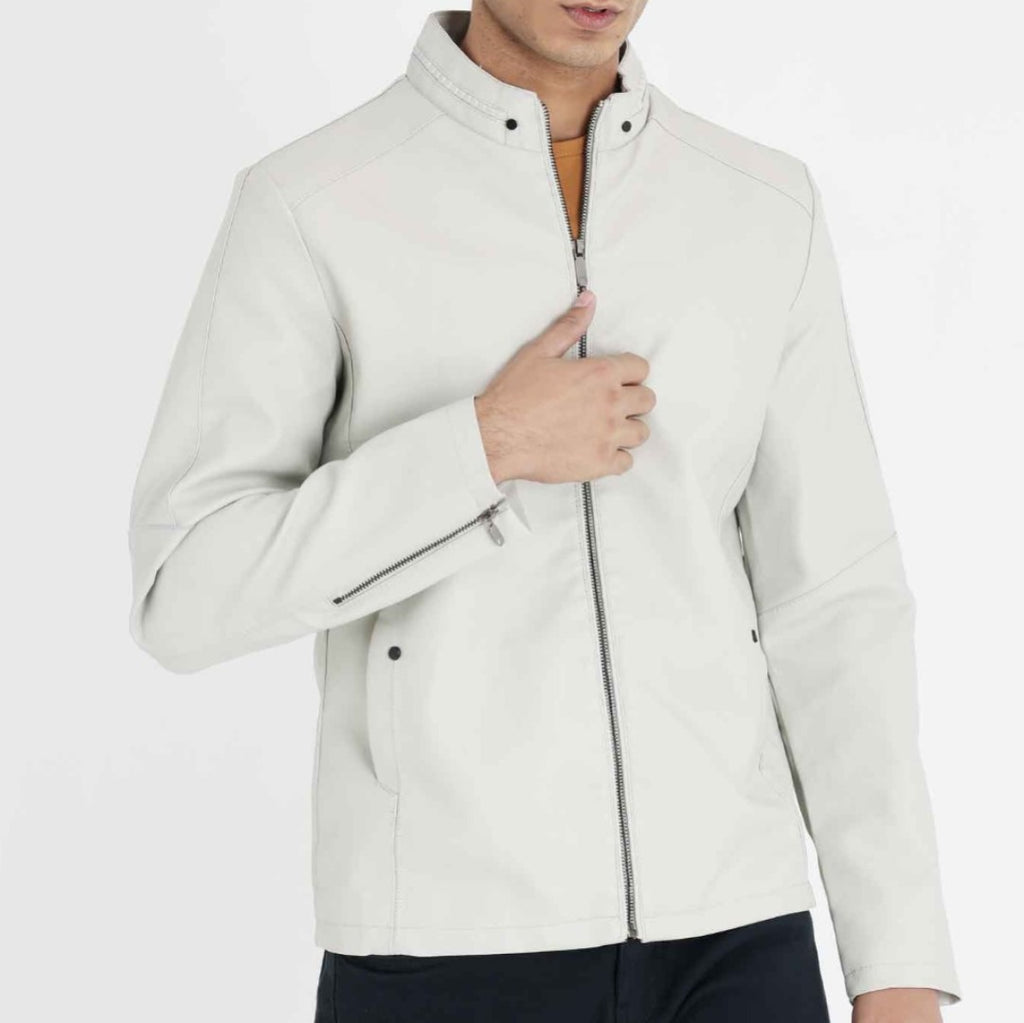 Stylish And Unique White Color Leather Jacket For Men Leather Wardrobe