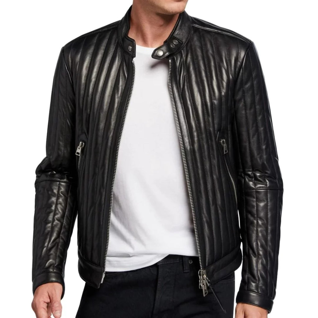 Men's vertical channel leather biker jacket