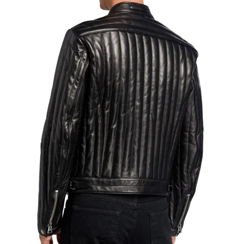Men's vertical channel leather biker jacket