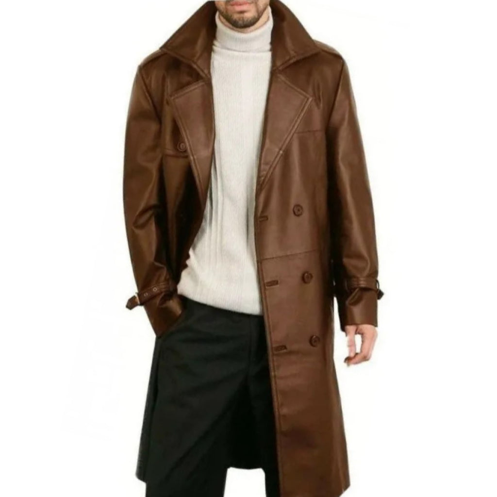 Mens Elegant Style Real Sheepskin Brown Long Leather Trench Coat