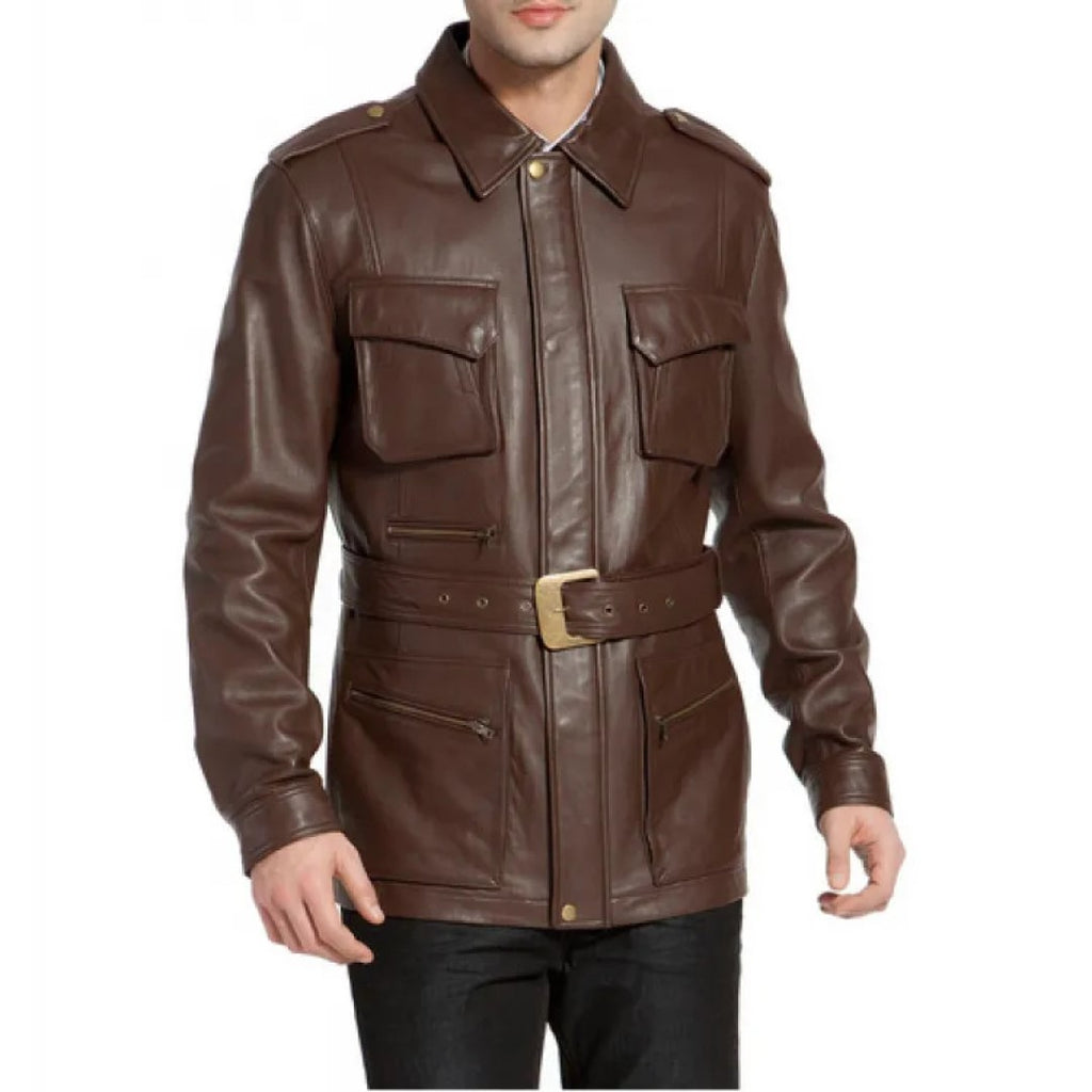 Mens regular fit brown lambskin leather trench coat