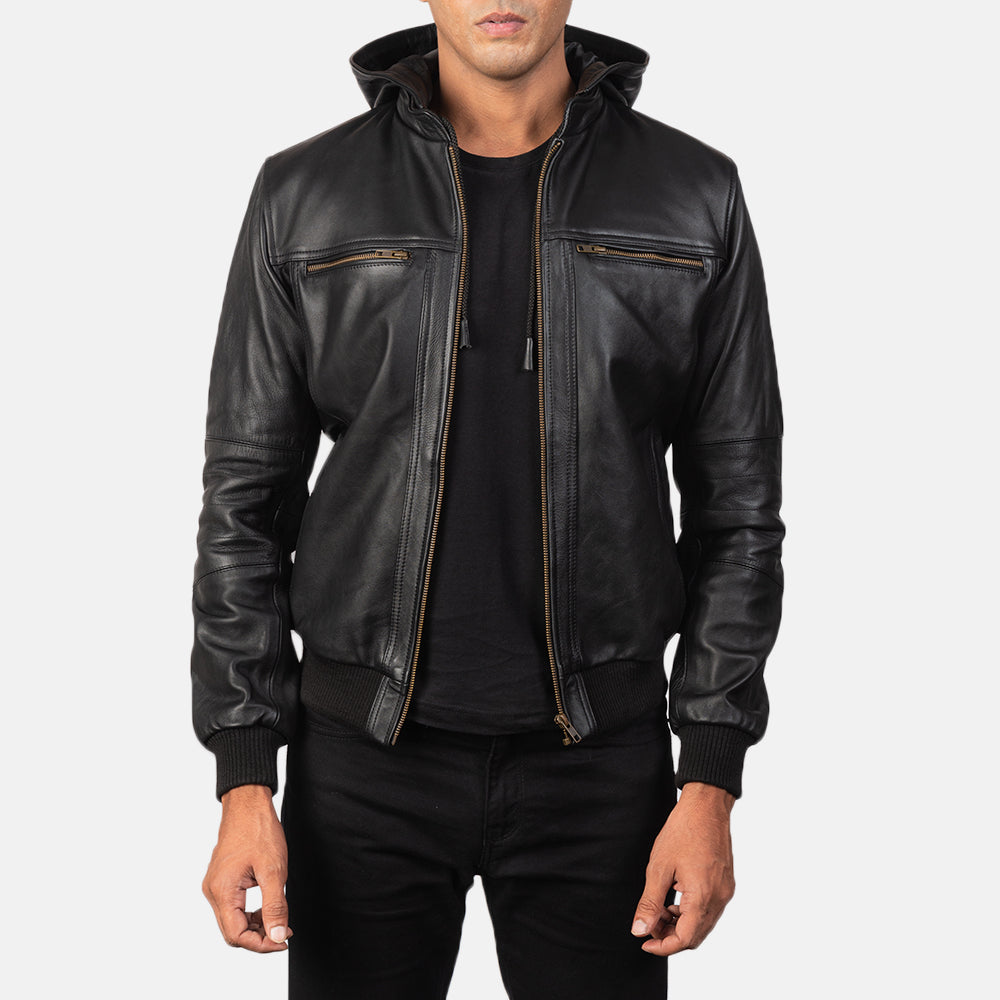 Black Bomber Leather Jacket hooded - Leather Wardrobe