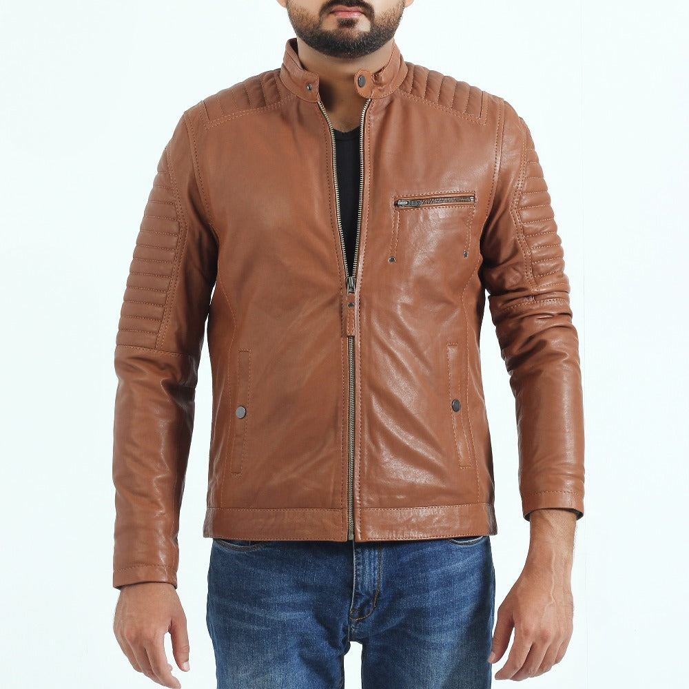 Brown Leather Jacket With Quilted Design