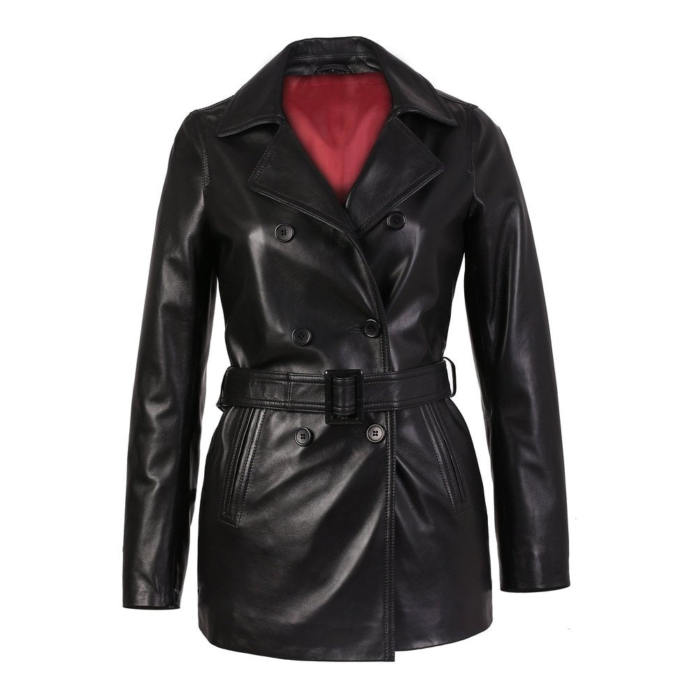 Carissa Women's Black Belted Long Leather Coat