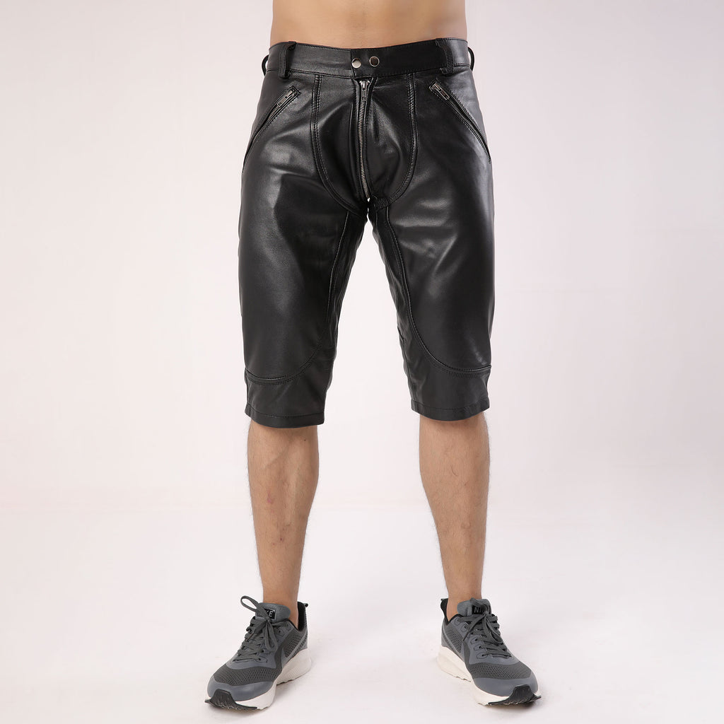 Full Back Zipper Mens Leather Shorts