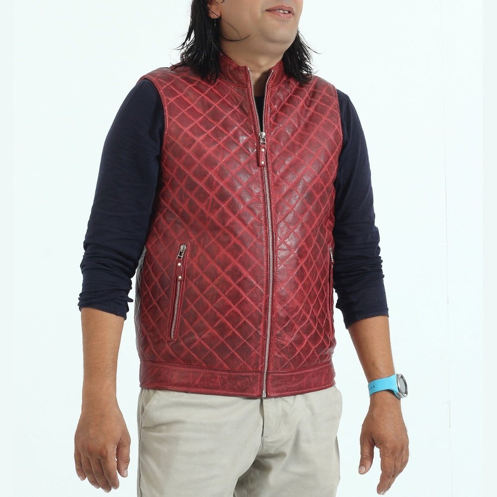 Maroon Quilted Design Leather Waistcoat for Men - Leather Wardrobe