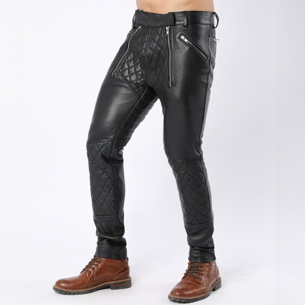 Mens Black Fashion Leather Quilted Pants