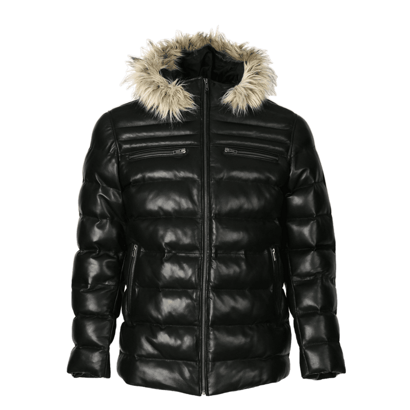 Mens leather puffer jacket with fur hood sales