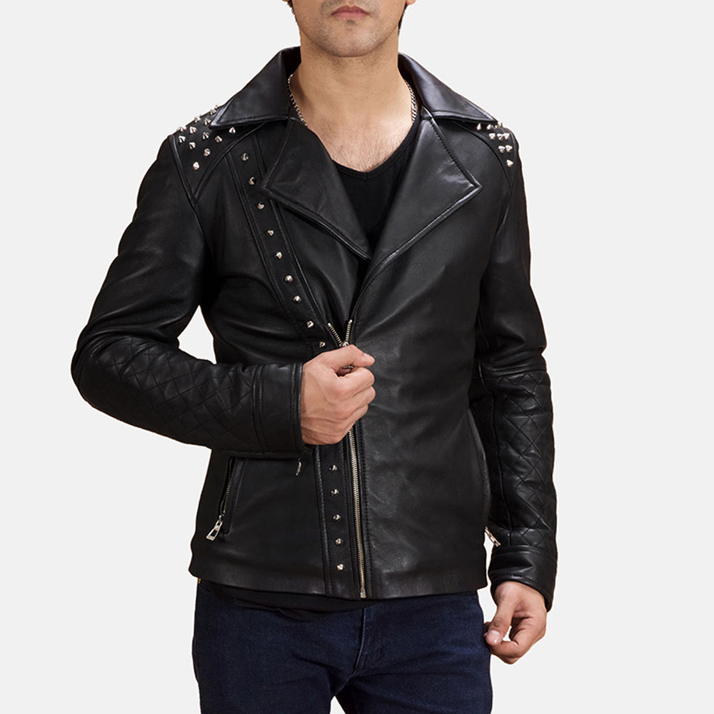 Black Studded Leather Biker Jacket Up to 5XL - Leather Wardrobe