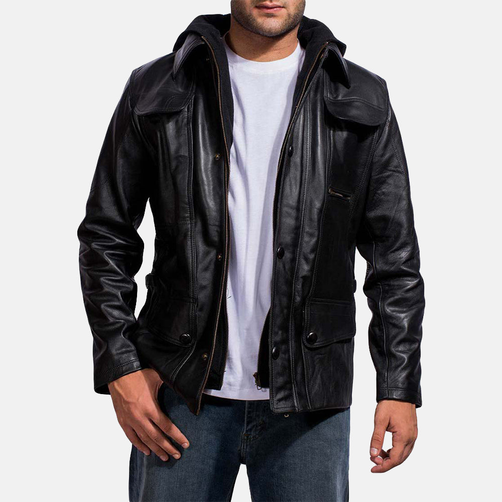 Moulder Hooded Black Leather Jacket